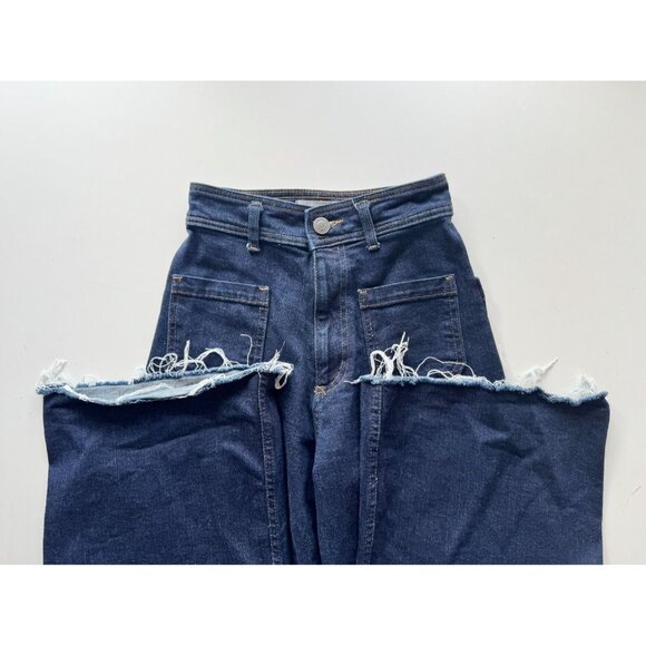 ZARA Dark Indigo Front Pocket High Rise Wide Leg Raw Hem Jeans, Size 2/24 - Picture 11 of 14